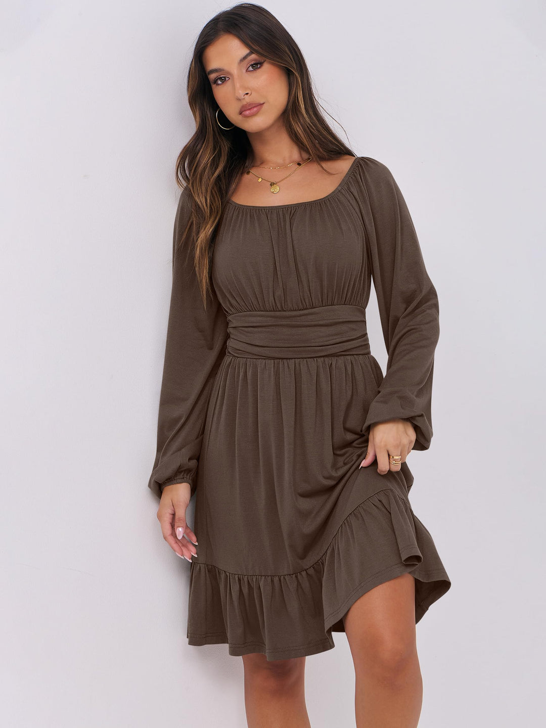 ANRABESS Womens Dress Long Lantern Sleeve Square Neck Elastic Waist Ruffle Flowy Swing A-Line Short Dresses 2026 Fall Fashion