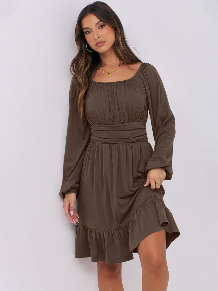 ANRABESS Womens Dress Long Lantern Sleeve Square Neck Elastic Waist Ruffle Flowy Swing A-Line Short Dresses 2026 Fall Fashion