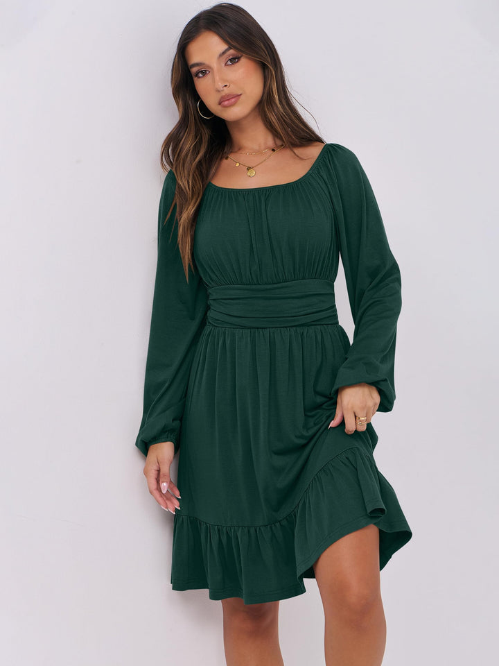 ANRABESS Womens Dress Long Lantern Sleeve Square Neck Elastic Waist Ruffle Flowy Swing A-Line Short Dresses 2026 Fall Fashion