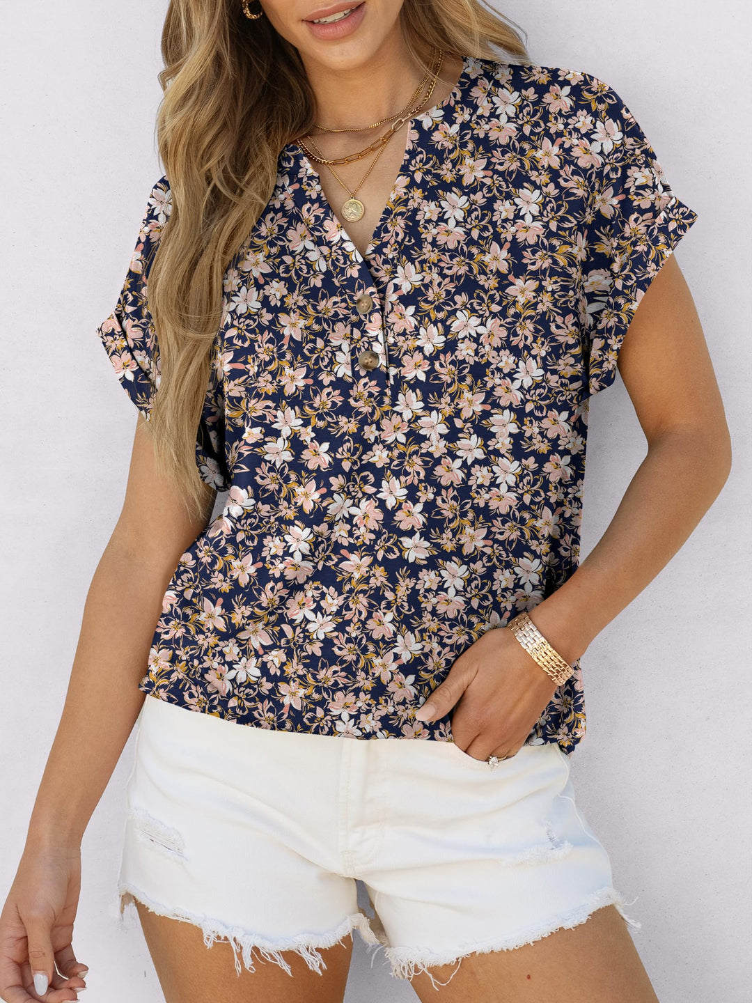 ANRABESS Women's Short Sleeve V-Neck Henley Top