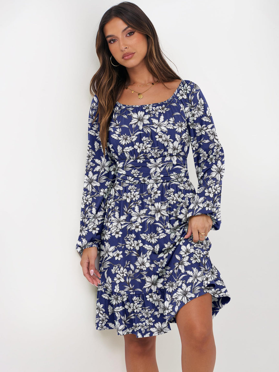 ANRABESS Womens Dress Long Lantern Sleeve Square Neck Elastic Waist Ruffle Flowy Swing A-Line Short Dresses 2026 Fall Fashion