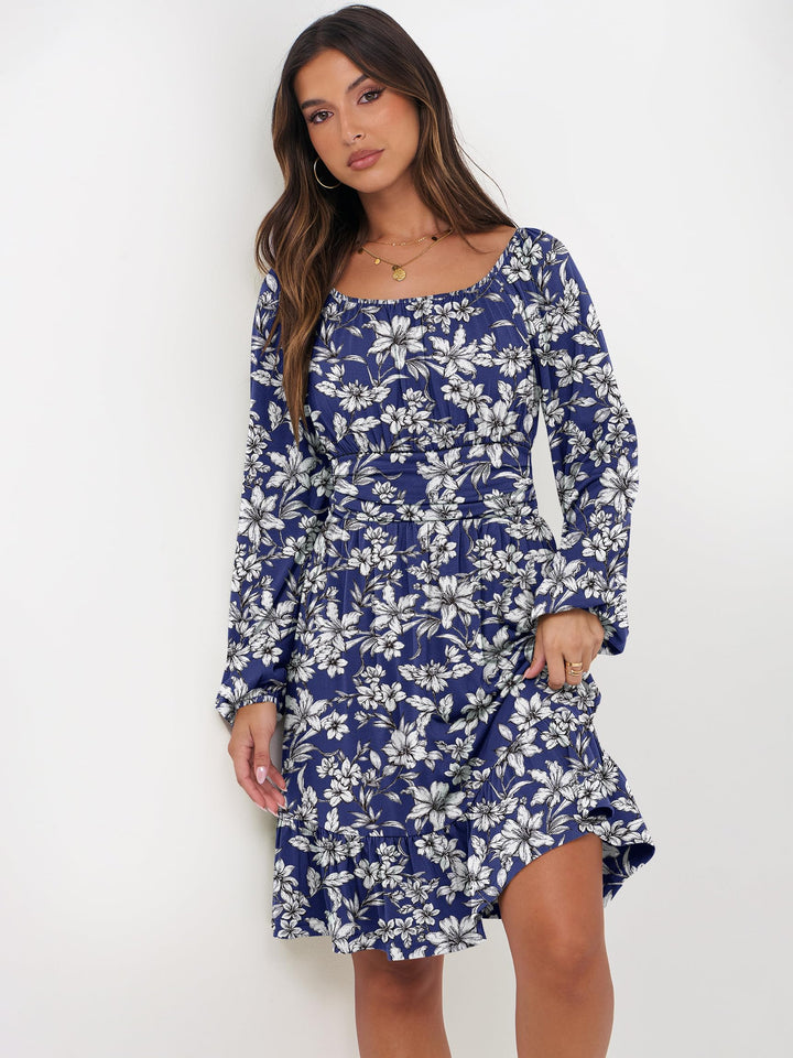 ANRABESS Womens Dress Long Lantern Sleeve Square Neck Elastic Waist Ruffle Flowy Swing A-Line Short Dresses 2026 Fall Fashion