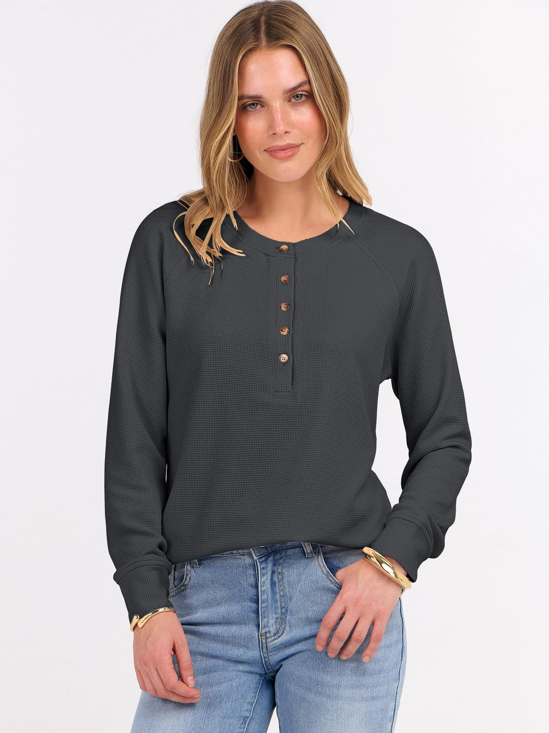 ANRABESS Long Sleeve Waffle Knit Shirts for Women Spring Fall Dressy Casual Button Up V Neck Henley Tops Loose Basic Tees Winter Clothes