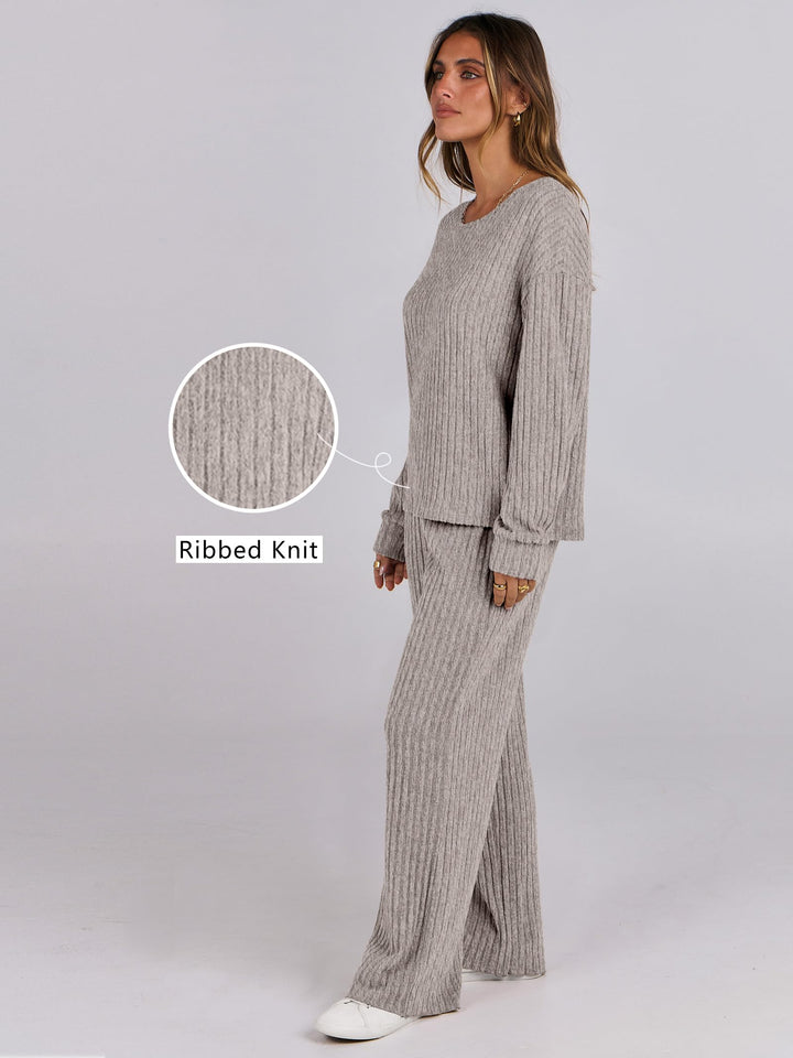 ANRABESS Women 2 Piece Lounge Pajamas Sets Casual Ribbed Knit Long Sleeve Top Pants Matching Set 2026 Fall Outfits Clothes
