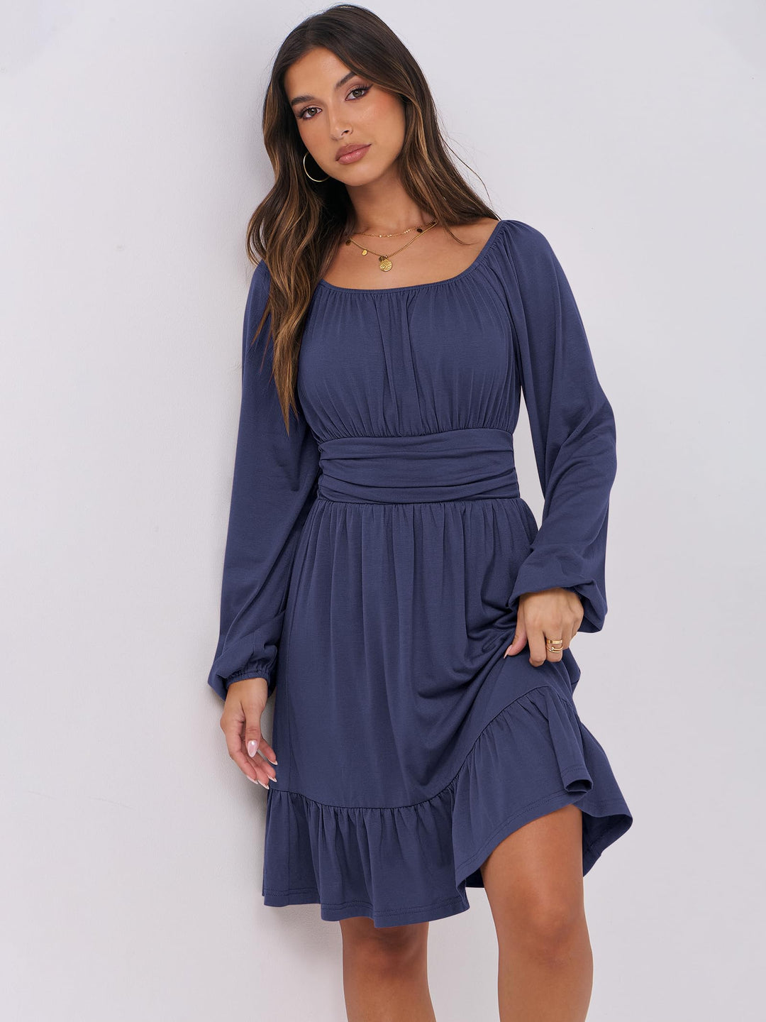 ANRABESS Womens Dress Long Lantern Sleeve Square Neck Elastic Waist Ruffle Flowy Swing A-Line Short Dresses 2026 Fall Fashion