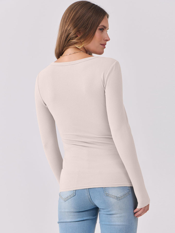 ANRABESS Long Sleeve Shirts for Women Ribbed Knit Slim Fitted Casual Tops Scoop Neck Basic Tee Spring Fall Fashion Clothes