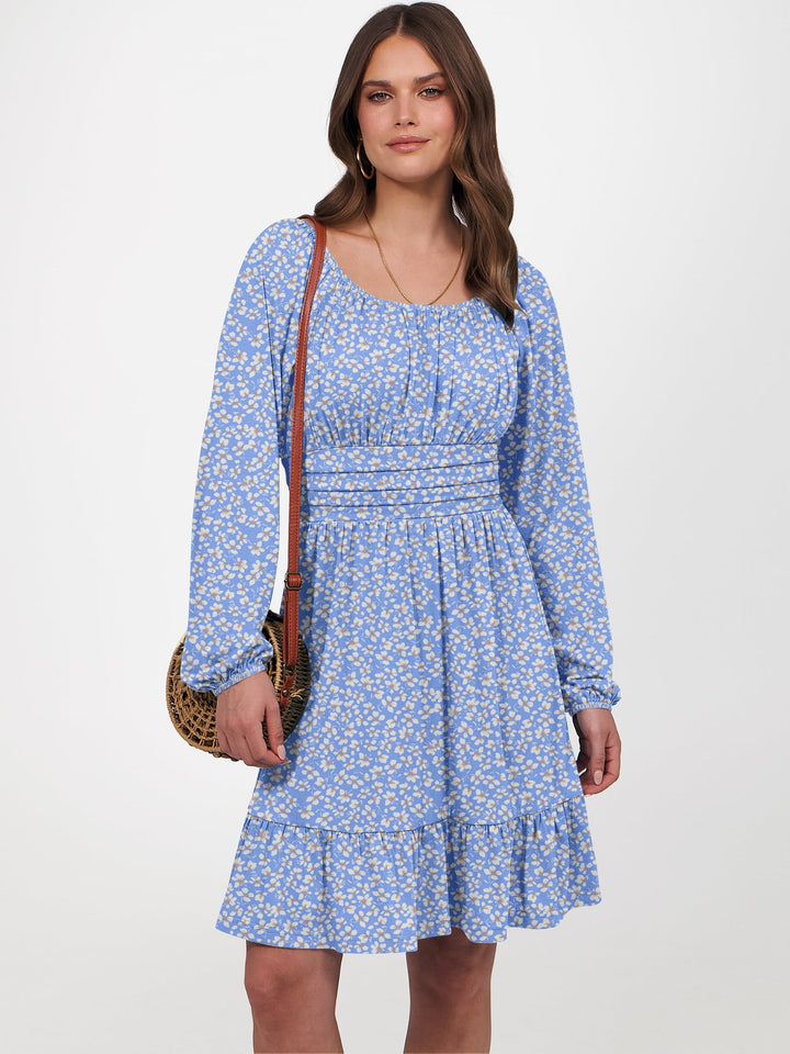 ANRABESS Womens Dress Long Lantern Sleeve Square Neck Elastic Waist Ruffle Flowy Swing A-Line Short Dresses 2026 Fall Fashion