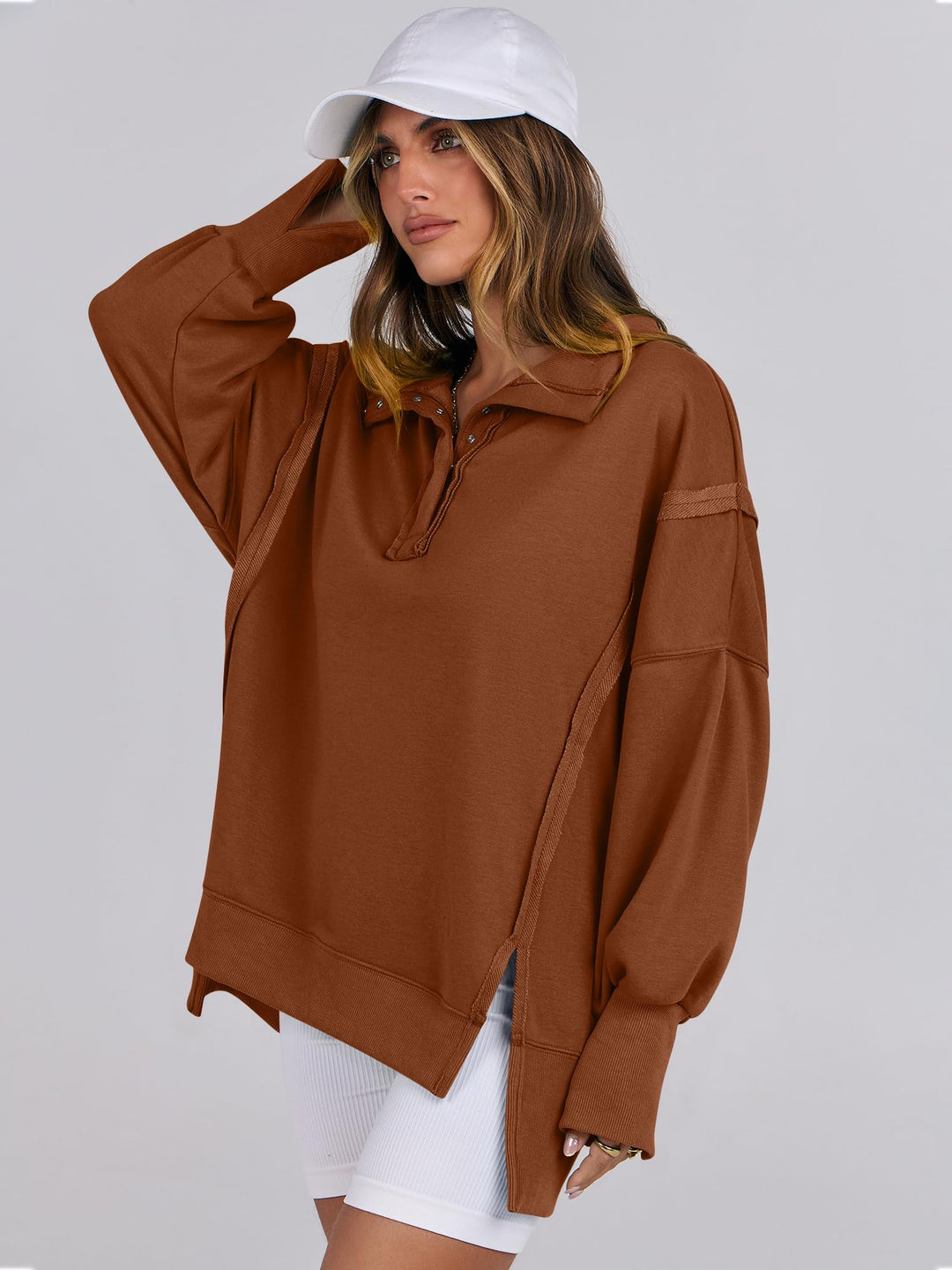 ANRABESS Women's Sweatshirts Oversized Casual Loose Button Up Henley Pullover Top High Low Split 2026 Fall Fashion Outfits