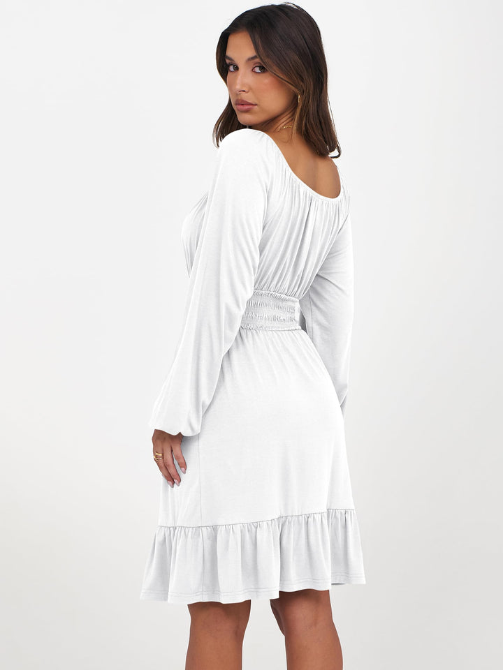 ANRABESS Womens Dress Long Lantern Sleeve Square Neck Elastic Waist Ruffle Flowy Swing A-Line Short Dresses 2026 Fall Fashion