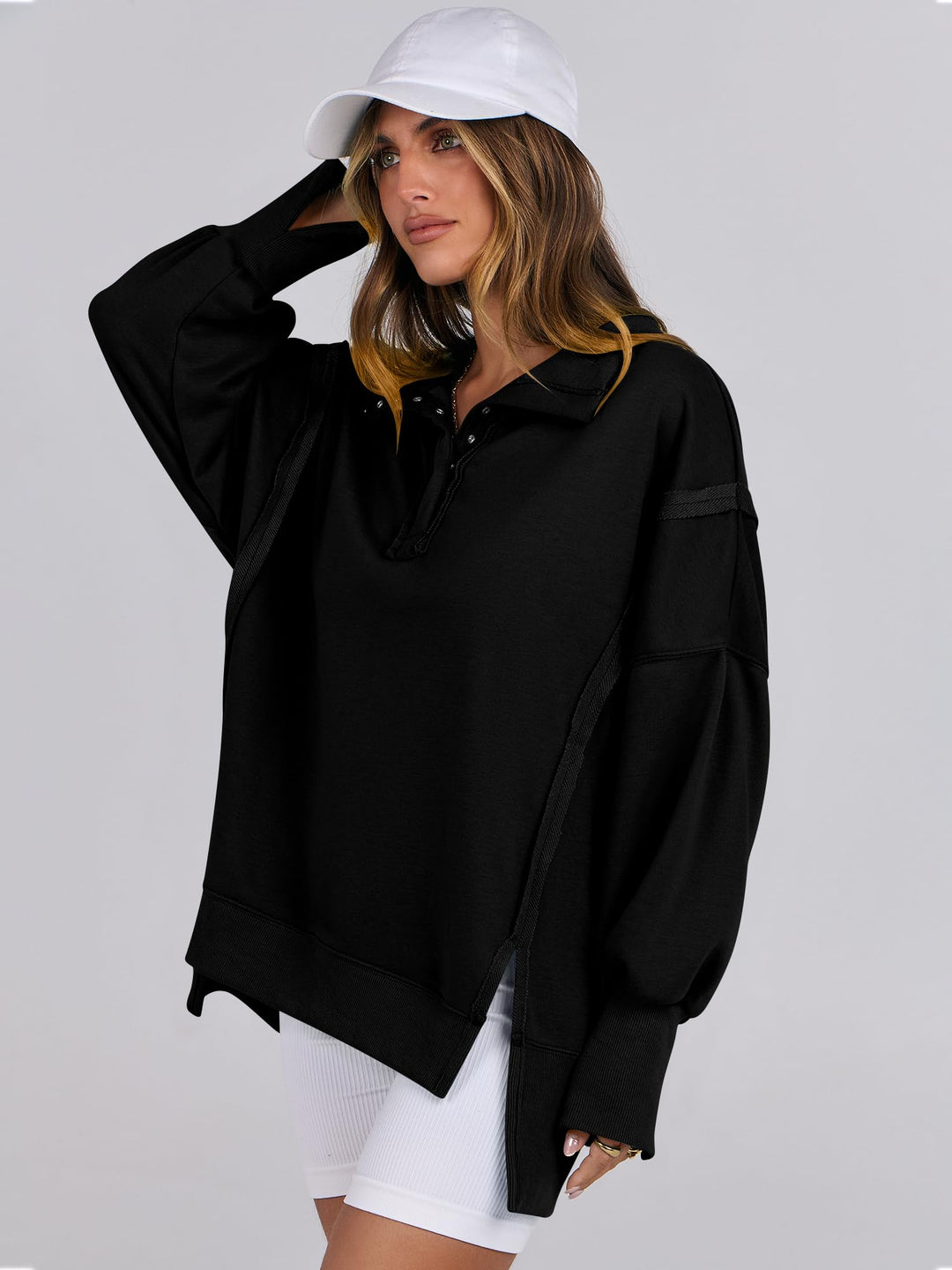 ANRABESS Women's Sweatshirts Oversized Casual Loose Button Up Henley Pullover Top High Low Split 2026 Fall Fashion Outfits