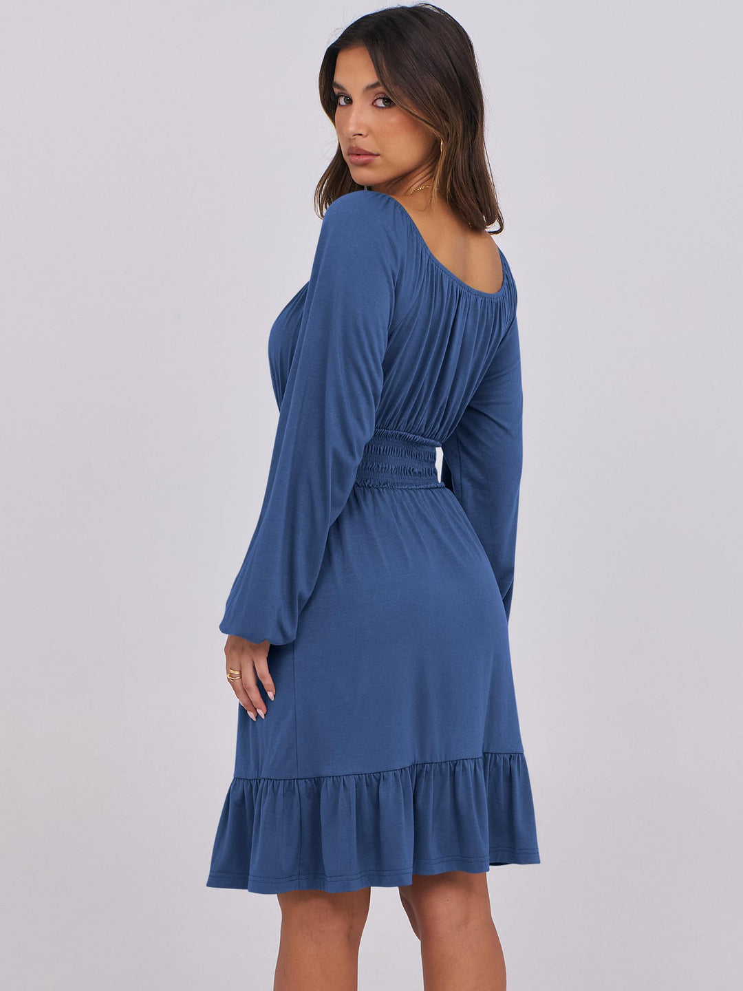 ANRABESS Womens Dress Long Lantern Sleeve Square Neck Elastic Waist Ruffle Flowy Swing A-Line Short Dresses 2026 Fall Fashion