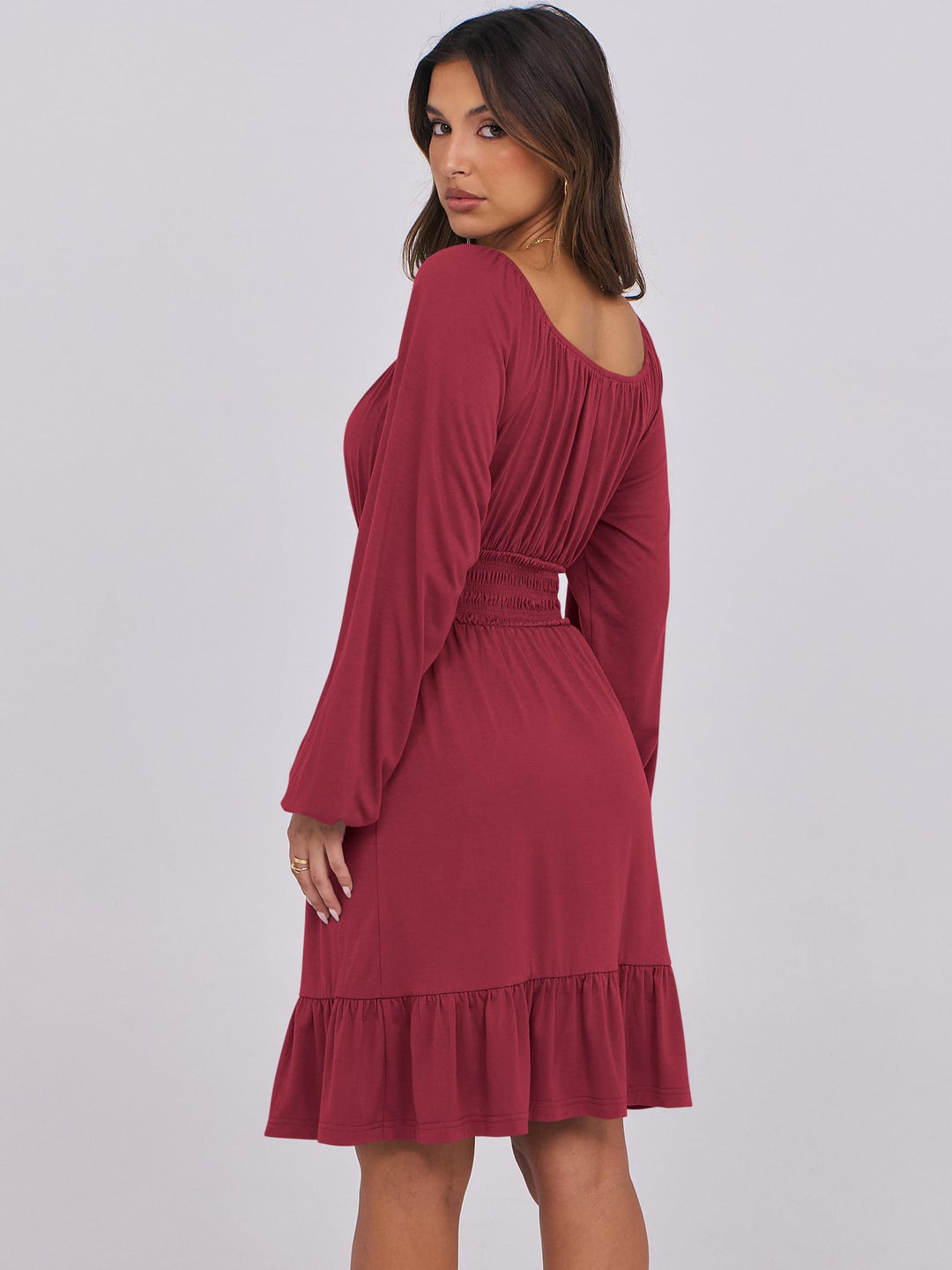 ANRABESS Womens Dress Long Lantern Sleeve Square Neck Elastic Waist Ruffle Flowy Swing A-Line Short Dresses 2026 Fall Fashion
