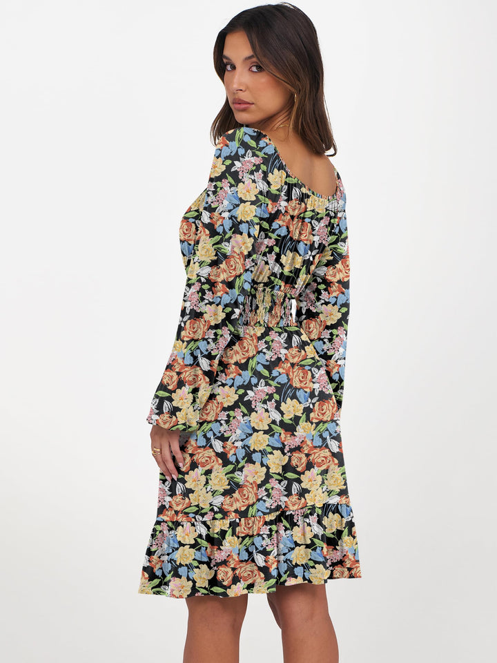 ANRABESS Womens Dress Long Lantern Sleeve Square Neck Elastic Waist Ruffle Flowy Swing A-Line Short Dresses 2026 Fall Fashion