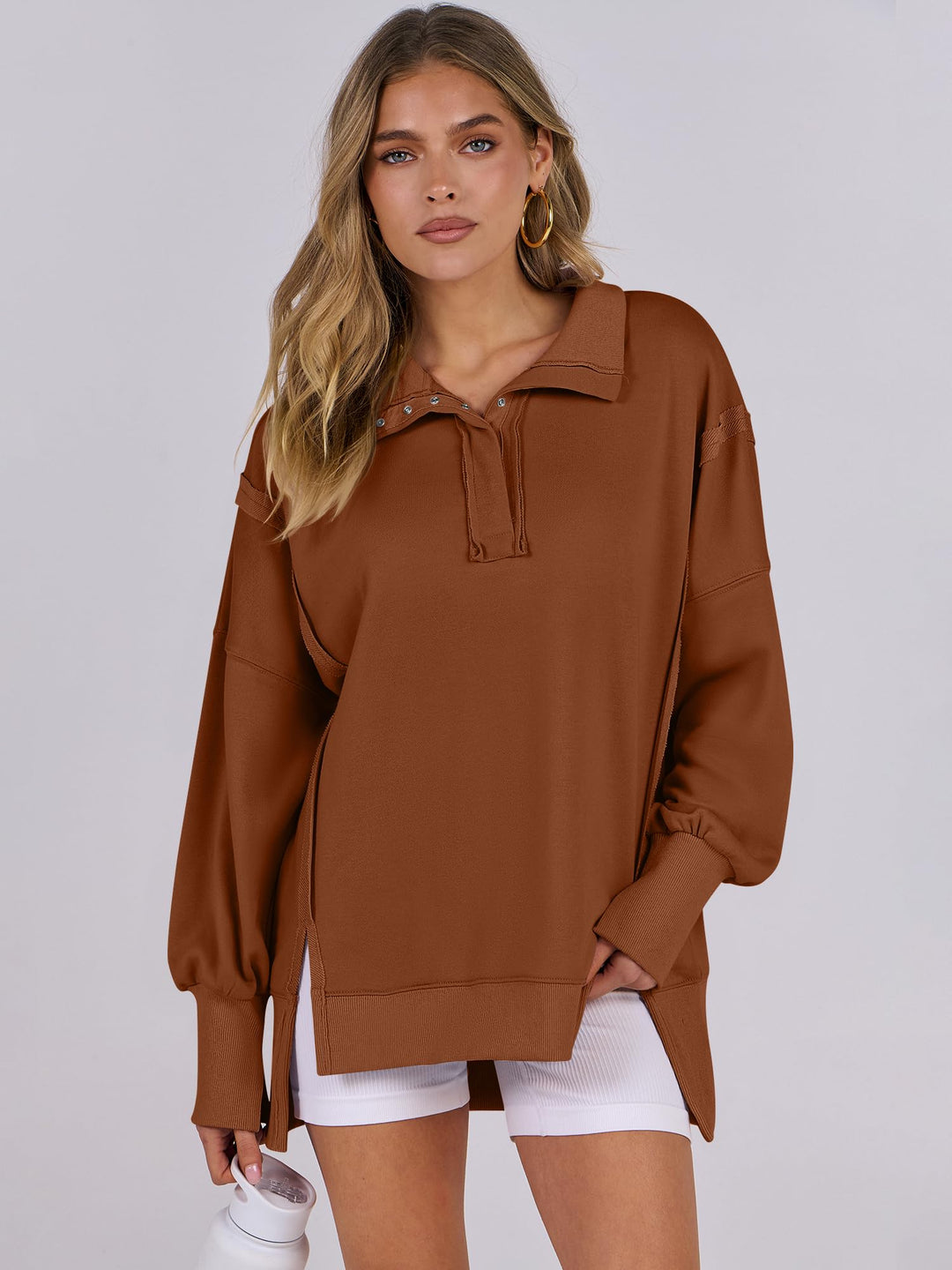 ANRABESS Women's Sweatshirts Oversized Casual Loose Button Up Henley Pullover Top High Low Split 2026 Fall Fashion Outfits