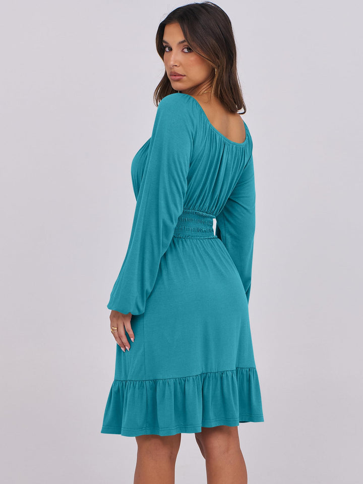 ANRABESS Womens Dress Long Lantern Sleeve Square Neck Elastic Waist Ruffle Flowy Swing A-Line Short Dresses 2026 Fall Fashion