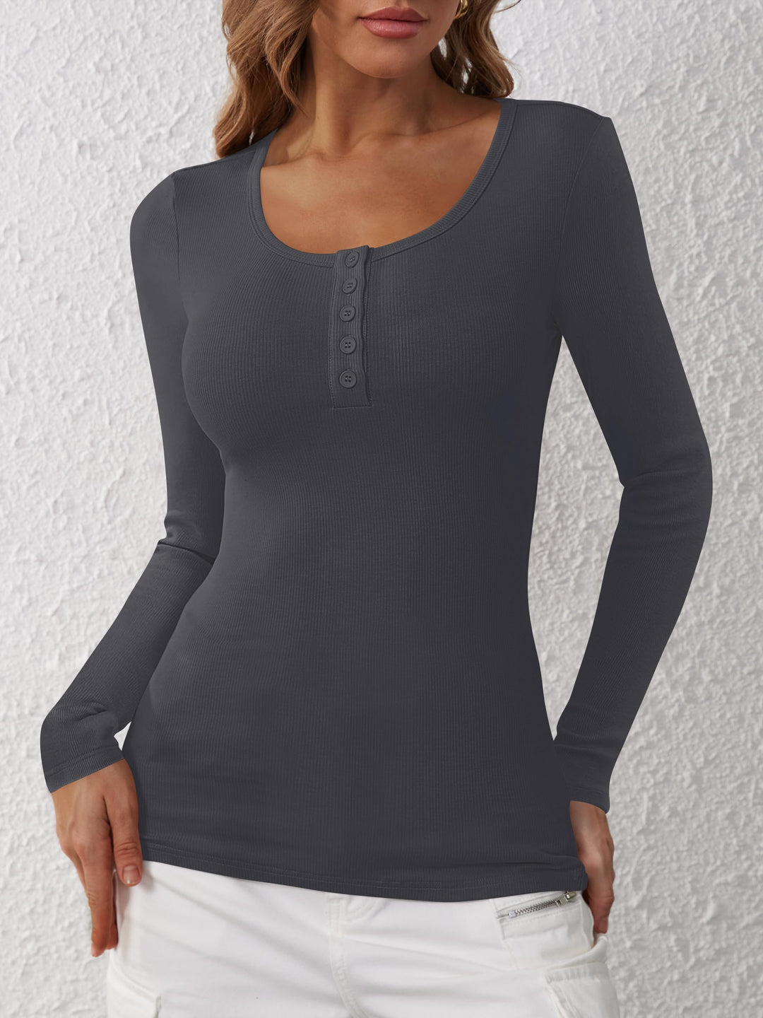 ANRABESS Women's Long Sleeve Henley Tops Ribbed Knit Slim Fitted Trendy T Shirt Basic Tees Layer 2026 Fall Fashion Outfits