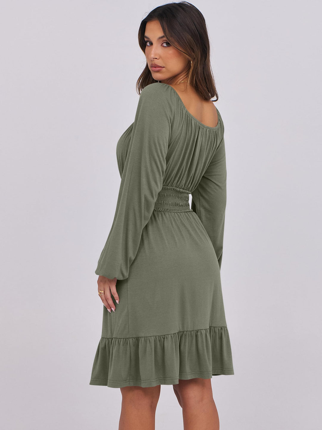 ANRABESS Womens Dress Long Lantern Sleeve Square Neck Elastic Waist Ruffle Flowy Swing A-Line Short Dresses 2026 Fall Fashion