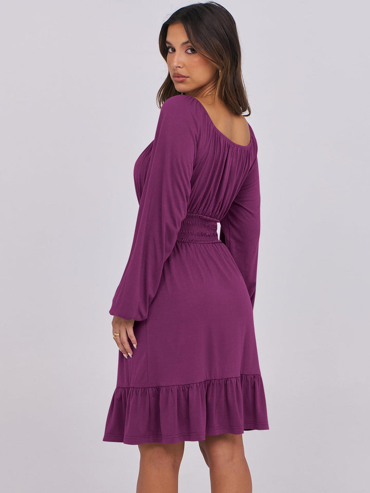 ANRABESS Womens Dress Long Lantern Sleeve Square Neck Elastic Waist Ruffle Flowy Swing A-Line Short Dresses 2026 Fall Fashion