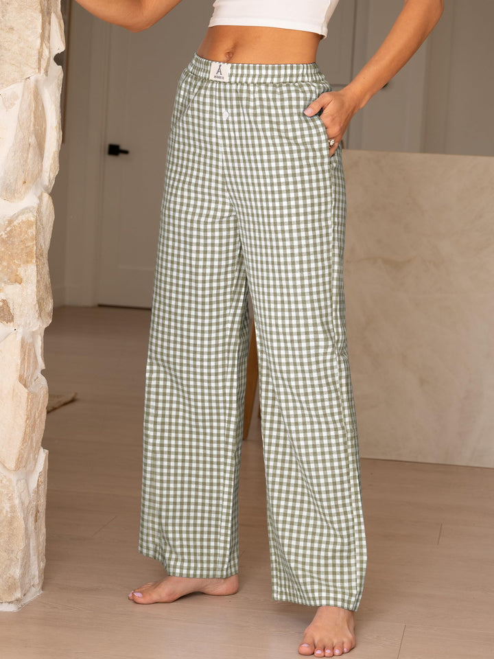ANRABESS Womens Gingham Striped Boxer Pants | Wide Leg Elastic Waist with Pockets, Lounge Pajama Bottoms Home Daily Wear, Lightweight Breathable, Casual Summer Fall