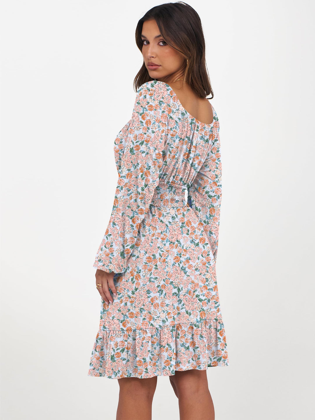 ANRABESS Womens Dress Long Lantern Sleeve Square Neck Elastic Waist Ruffle Flowy Swing A-Line Short Dresses 2026 Fall Fashion