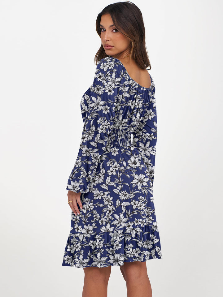 ANRABESS Womens Dress Long Lantern Sleeve Square Neck Elastic Waist Ruffle Flowy Swing A-Line Short Dresses 2026 Fall Fashion