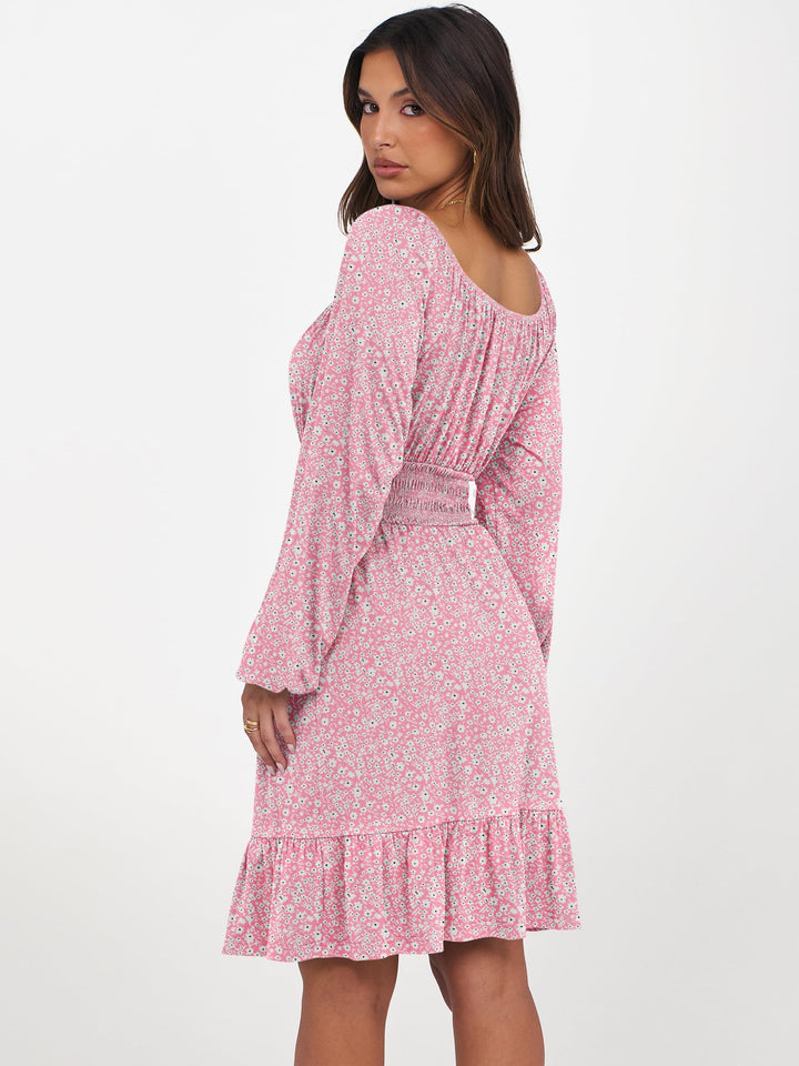 ANRABESS Womens Dress Long Lantern Sleeve Square Neck Elastic Waist Ruffle Flowy Swing A-Line Short Dresses 2026 Fall Fashion