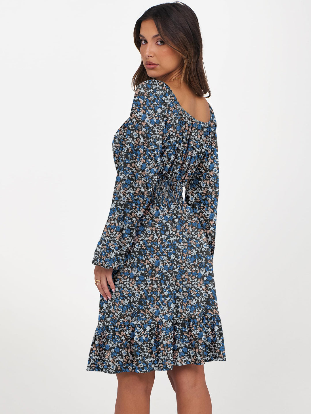 ANRABESS Womens Dress Long Lantern Sleeve Square Neck Elastic Waist Ruffle Flowy Swing A-Line Short Dresses 2026 Fall Fashion