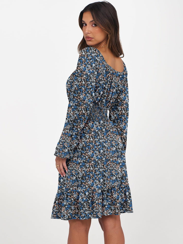 ANRABESS Womens Dress Long Lantern Sleeve Square Neck Elastic Waist Ruffle Flowy Swing A-Line Short Dresses 2026 Fall Fashion