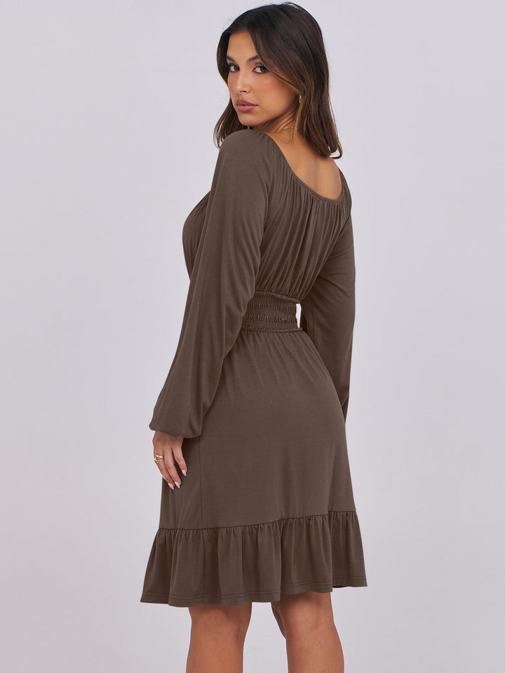 ANRABESS Womens Dress Long Lantern Sleeve Square Neck Elastic Waist Ruffle Flowy Swing A-Line Short Dresses 2026 Fall Fashion