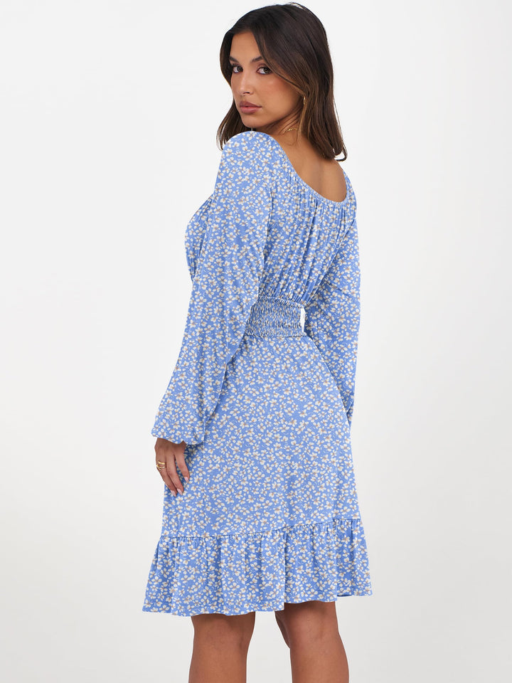 ANRABESS Womens Dress Long Lantern Sleeve Square Neck Elastic Waist Ruffle Flowy Swing A-Line Short Dresses 2026 Fall Fashion