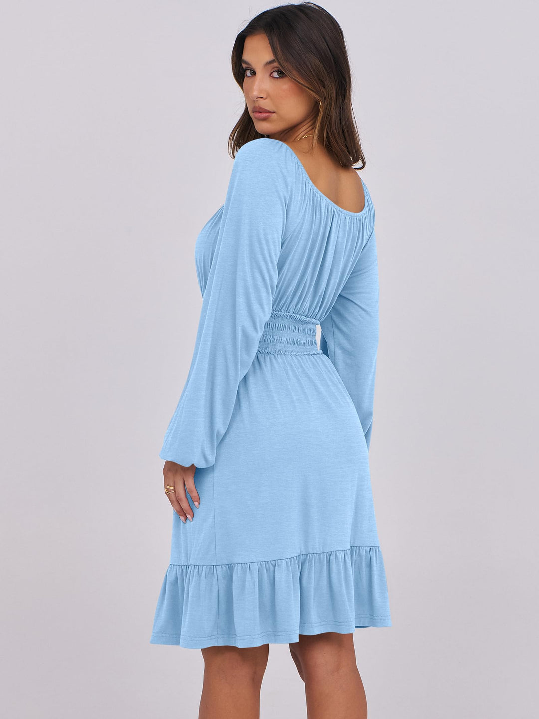 ANRABESS Womens Dress Long Lantern Sleeve Square Neck Elastic Waist Ruffle Flowy Swing A-Line Short Dresses 2026 Fall Fashion