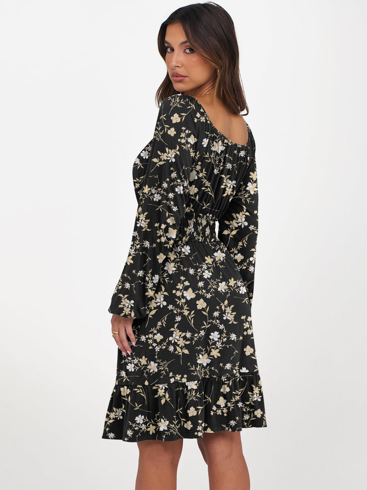 ANRABESS Womens Dress Long Lantern Sleeve Square Neck Elastic Waist Ruffle Flowy Swing A-Line Short Dresses 2026 Fall Fashion