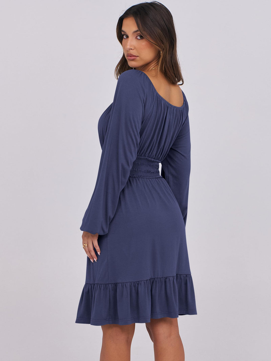 ANRABESS Womens Dress Long Lantern Sleeve Square Neck Elastic Waist Ruffle Flowy Swing A-Line Short Dresses 2026 Fall Fashion