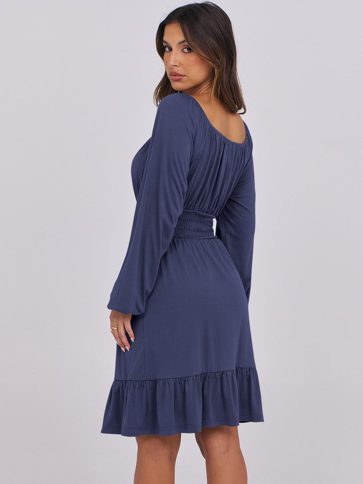 ANRABESS Womens Dress Long Lantern Sleeve Square Neck Elastic Waist Ruffle Flowy Swing A-Line Short Dresses 2026 Fall Fashion