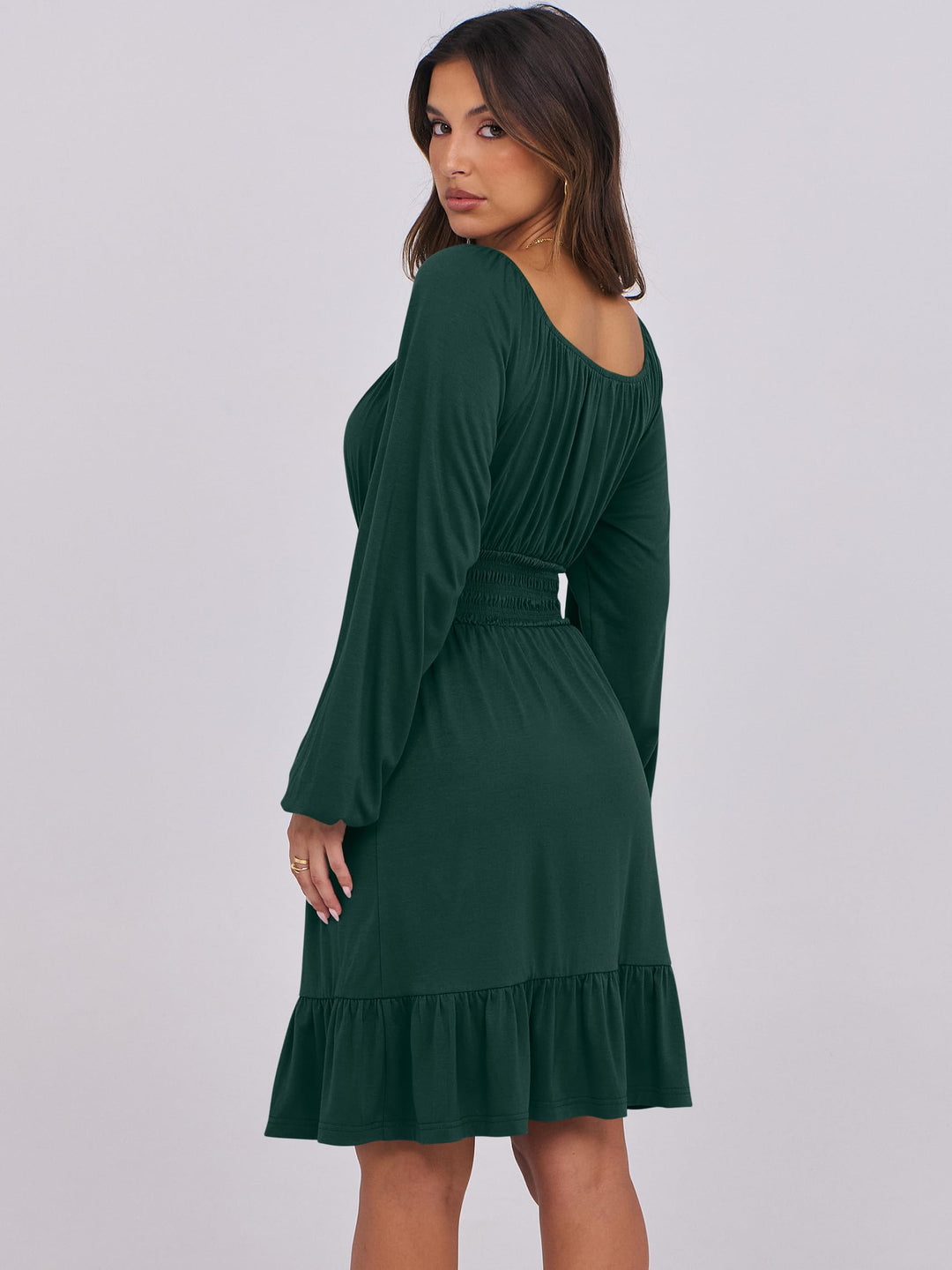 ANRABESS Womens Dress Long Lantern Sleeve Square Neck Elastic Waist Ruffle Flowy Swing A-Line Short Dresses 2026 Fall Fashion