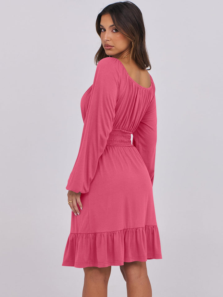 ANRABESS Womens Dress Long Lantern Sleeve Square Neck Elastic Waist Ruffle Flowy Swing A-Line Short Dresses 2026 Fall Fashion