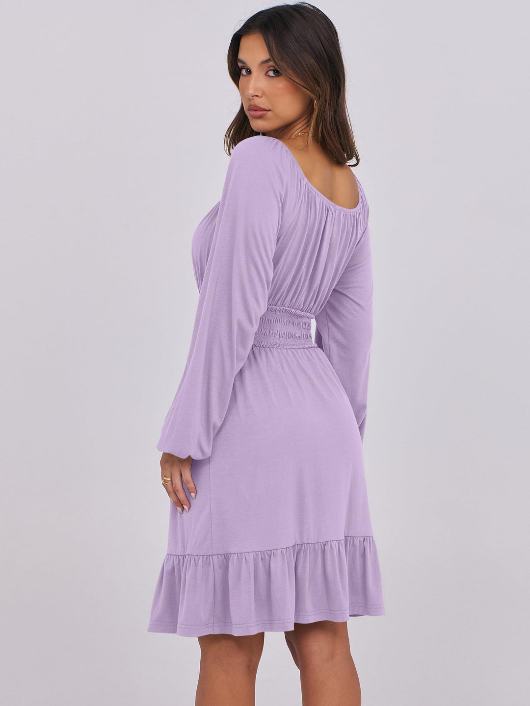 ANRABESS Womens Dress Long Lantern Sleeve Square Neck Elastic Waist Ruffle Flowy Swing A-Line Short Dresses 2026 Fall Fashion