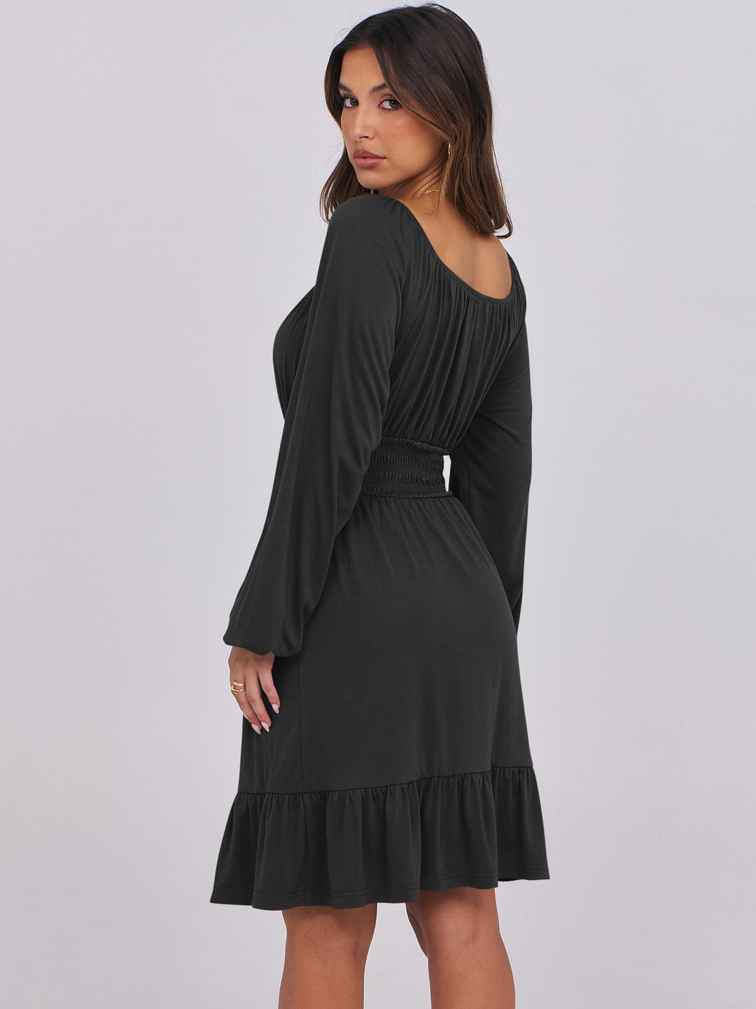 ANRABESS Womens Dress Long Lantern Sleeve Square Neck Elastic Waist Ruffle Flowy Swing A-Line Short Dresses 2026 Fall Fashion