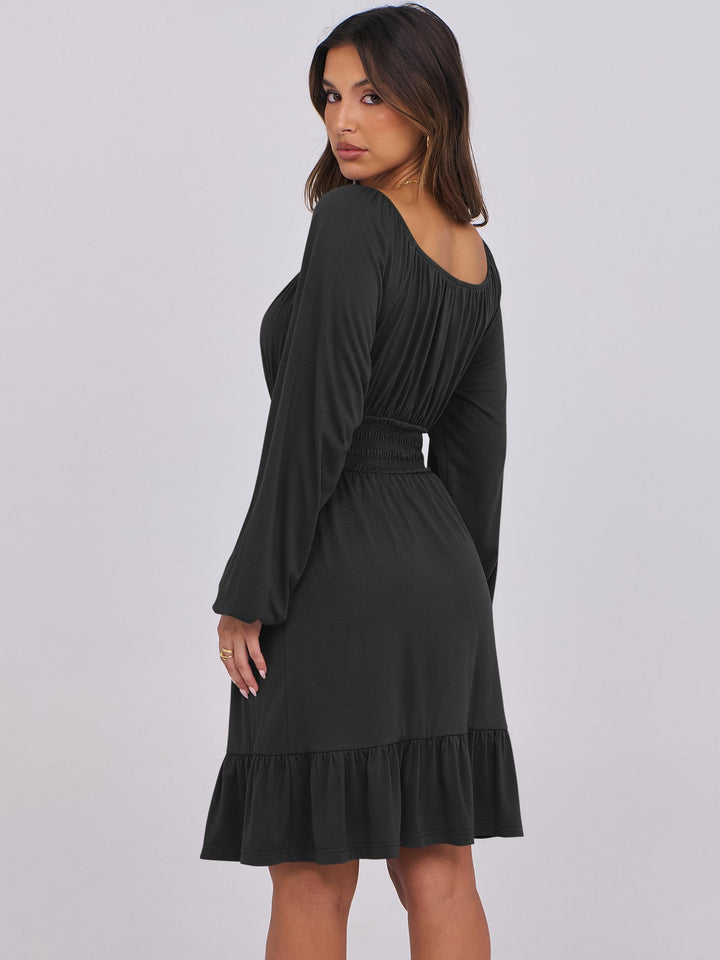ANRABESS Womens Dress Long Lantern Sleeve Square Neck Elastic Waist Ruffle Flowy Swing A-Line Short Dresses 2026 Fall Fashion