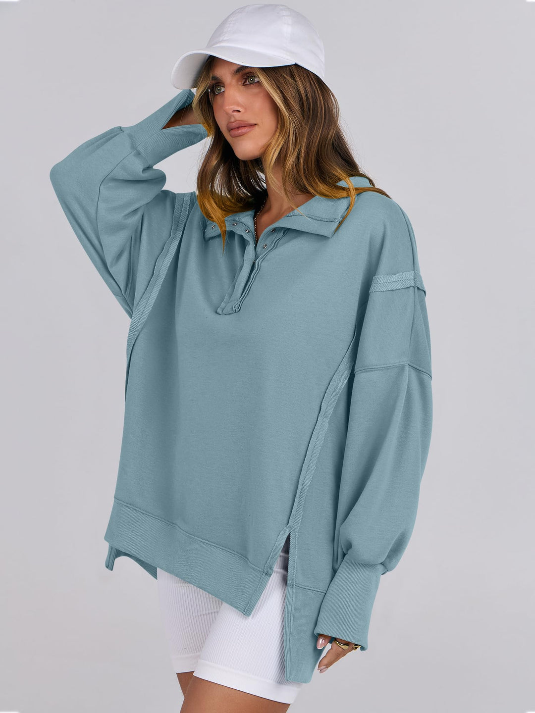 ANRABESS Women's Sweatshirts Oversized Casual Loose Button Up Henley Pullover Top High Low Split 2026 Fall Fashion Outfits