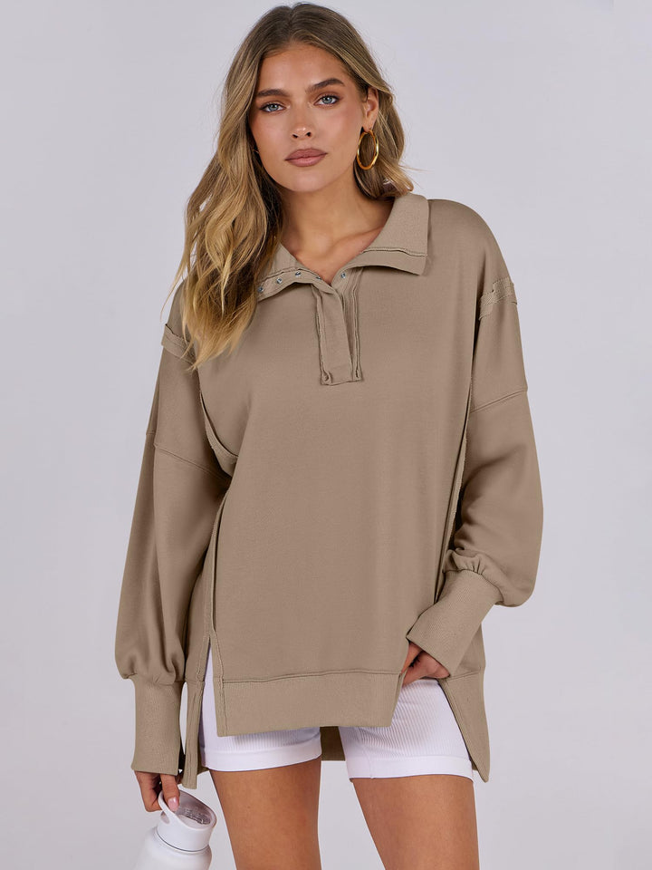 ANRABESS Women's Sweatshirts Oversized Casual Loose Button Up Henley Pullover Top High Low Split 2026 Fall Fashion Outfits
