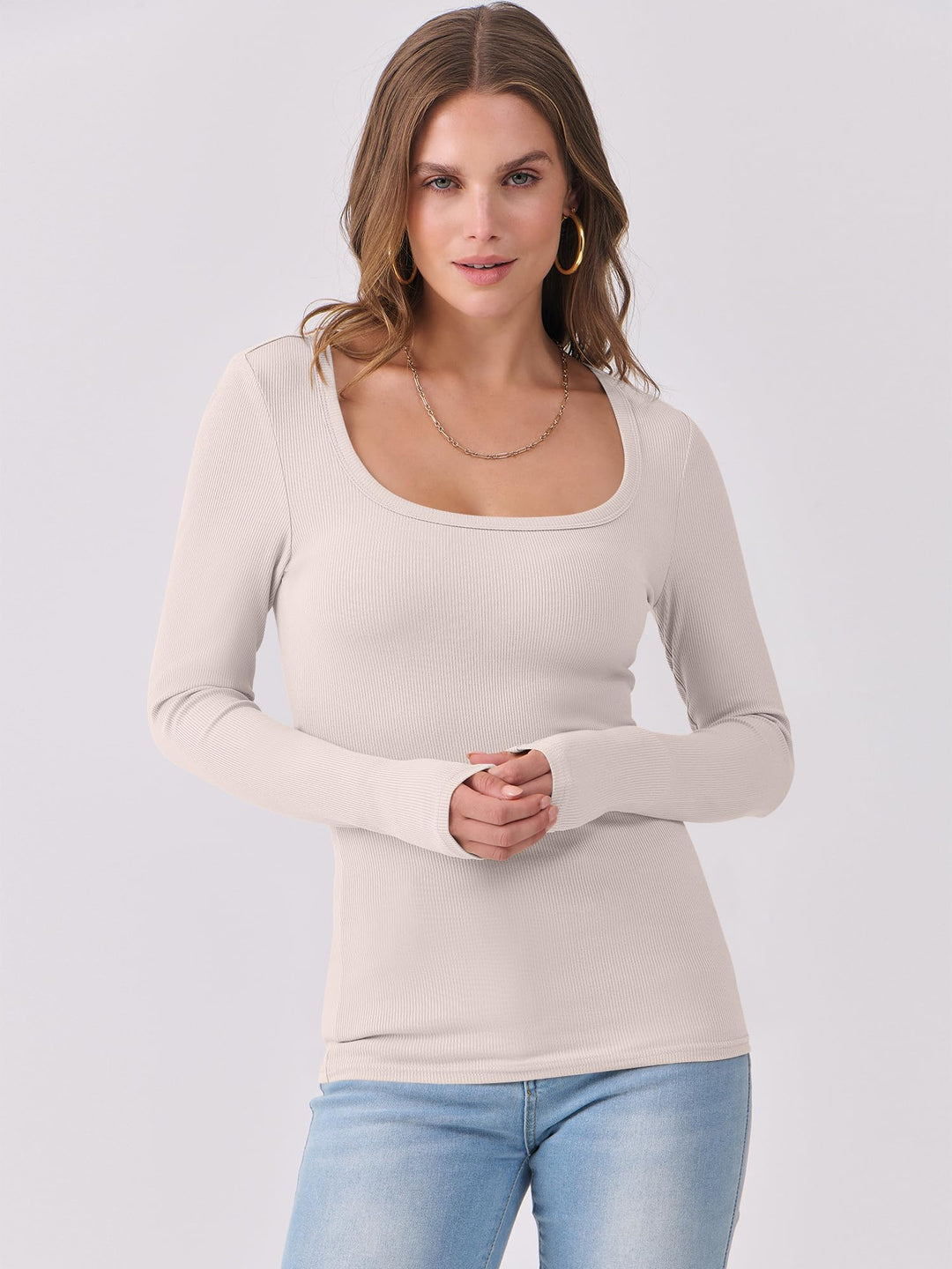ANRABESS Long Sleeve Shirts for Women Ribbed Knit Slim Fitted Casual Tops Scoop Neck Basic Tee Spring Fall Fashion Clothes