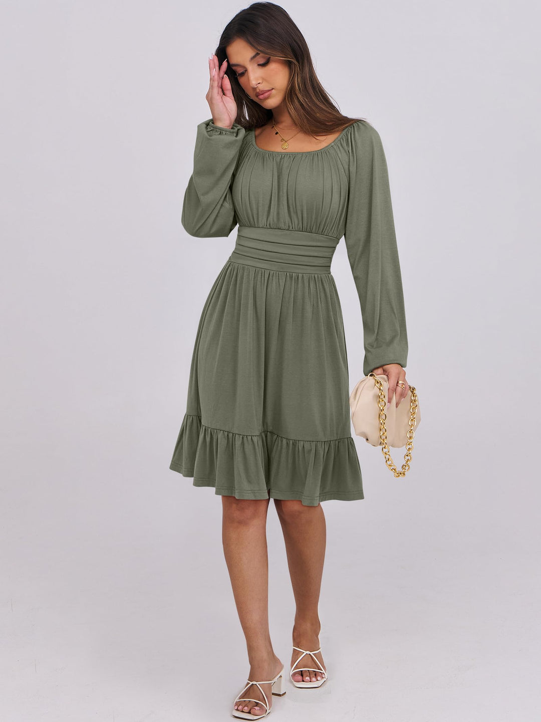 ANRABESS Womens Dress Long Lantern Sleeve Square Neck Elastic Waist Ruffle Flowy Swing A-Line Short Dresses 2026 Fall Fashion