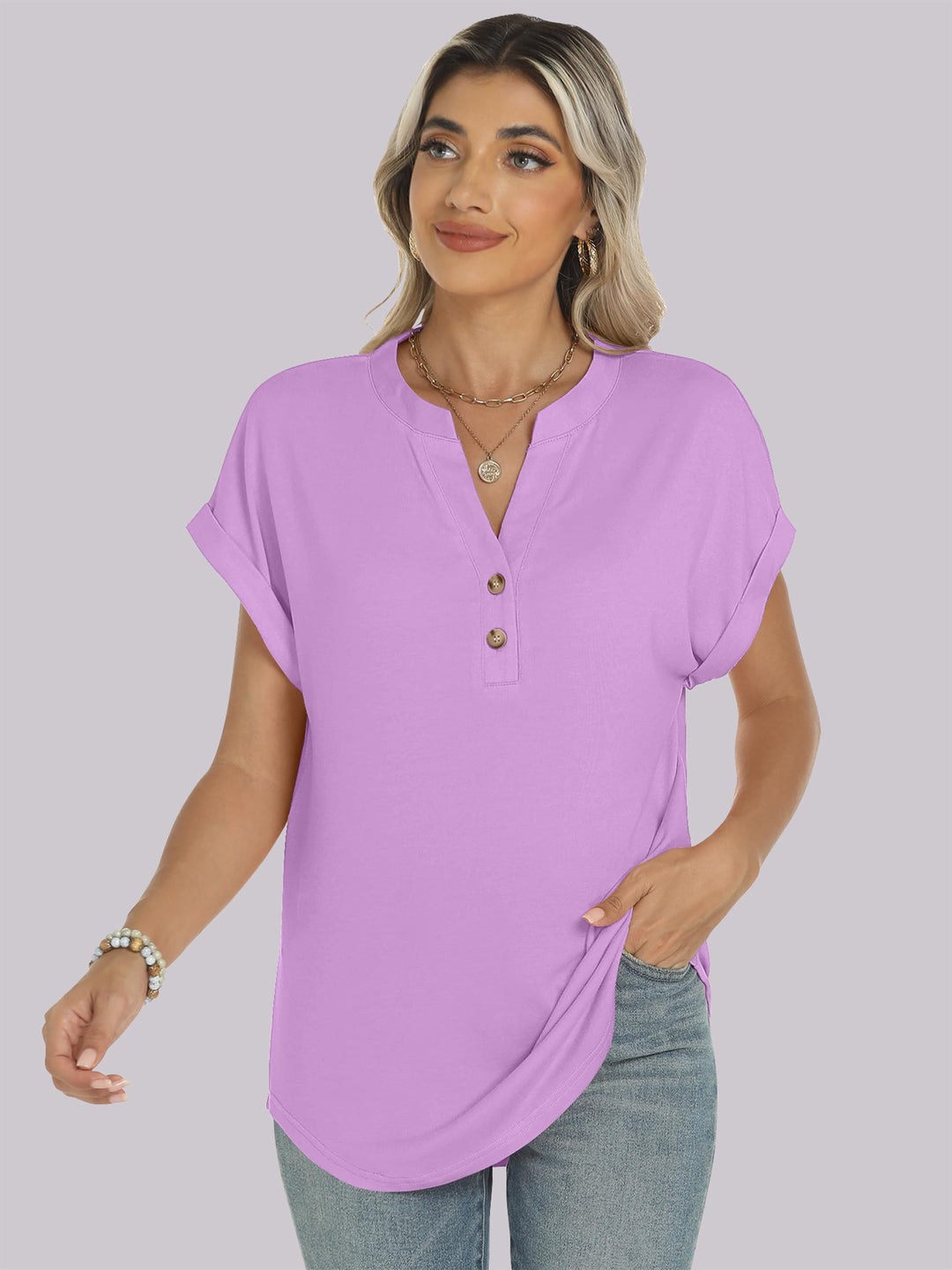ANRABESS Women's Short Sleeve V-Neck Henley Top