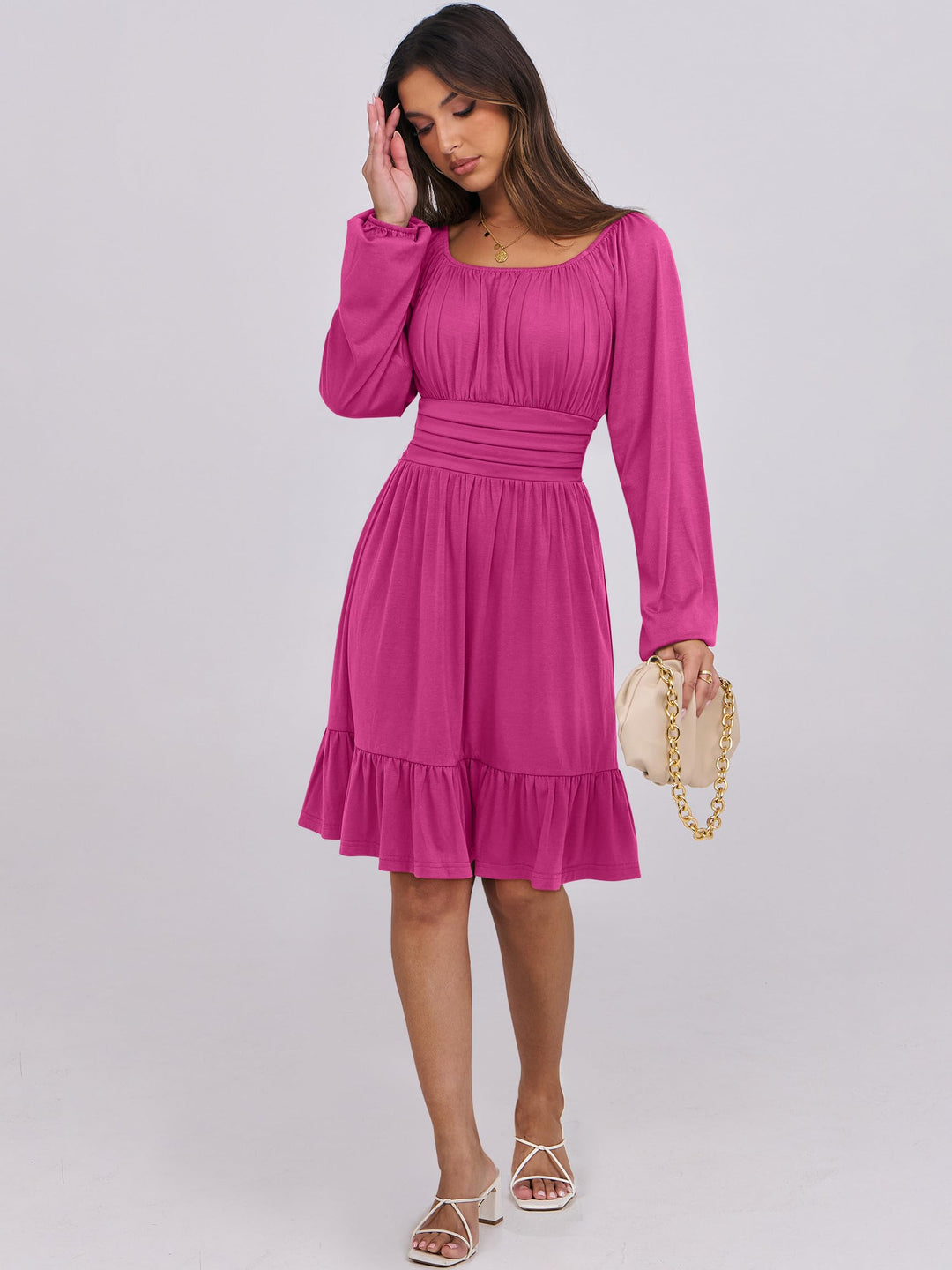 ANRABESS Womens Dress Long Lantern Sleeve Square Neck Elastic Waist Ruffle Flowy Swing A-Line Short Dresses 2026 Fall Fashion