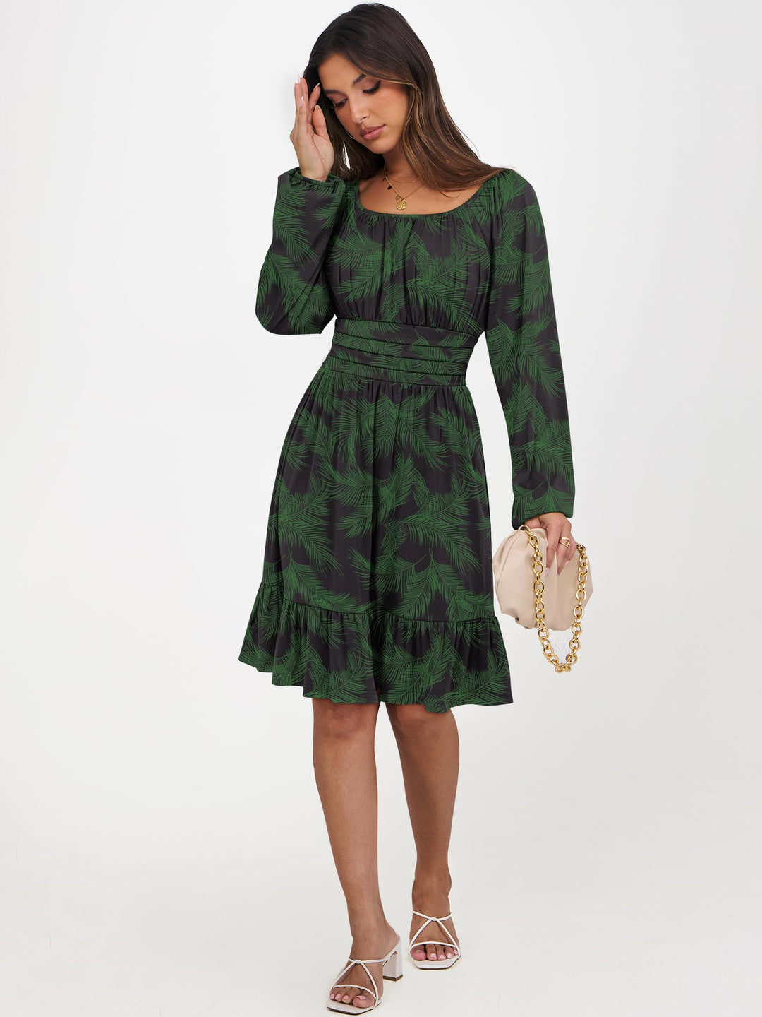 ANRABESS Womens Dress Long Lantern Sleeve Square Neck Elastic Waist Ruffle Flowy Swing A-Line Short Dresses 2026 Fall Fashion