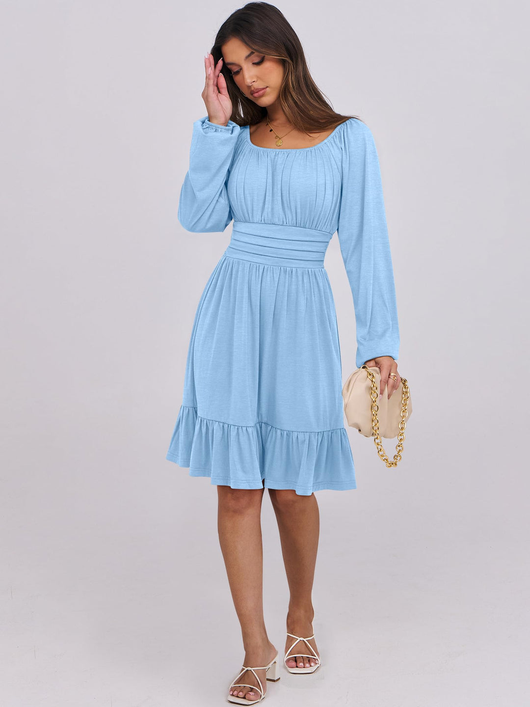 ANRABESS Womens Dress Long Lantern Sleeve Square Neck Elastic Waist Ruffle Flowy Swing A-Line Short Dresses 2026 Fall Fashion
