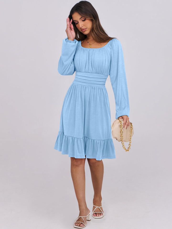 ANRABESS Womens Dress Long Lantern Sleeve Square Neck Elastic Waist Ruffle Flowy Swing A-Line Short Dresses 2026 Fall Fashion