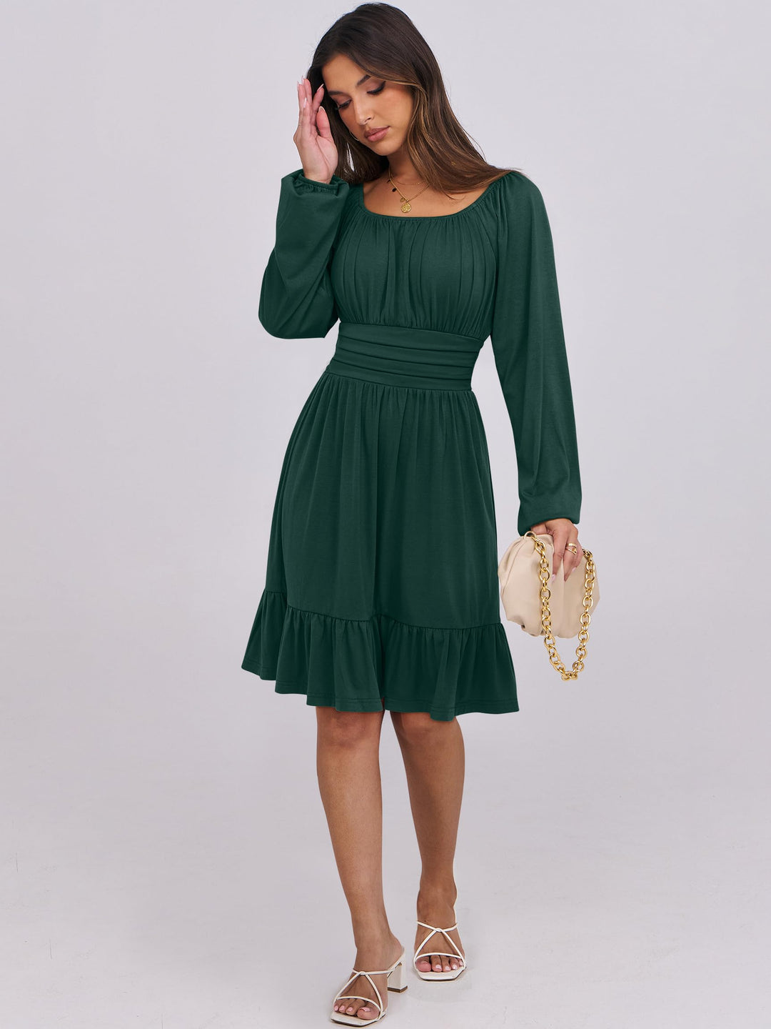 ANRABESS Womens Dress Long Lantern Sleeve Square Neck Elastic Waist Ruffle Flowy Swing A-Line Short Dresses 2026 Fall Fashion