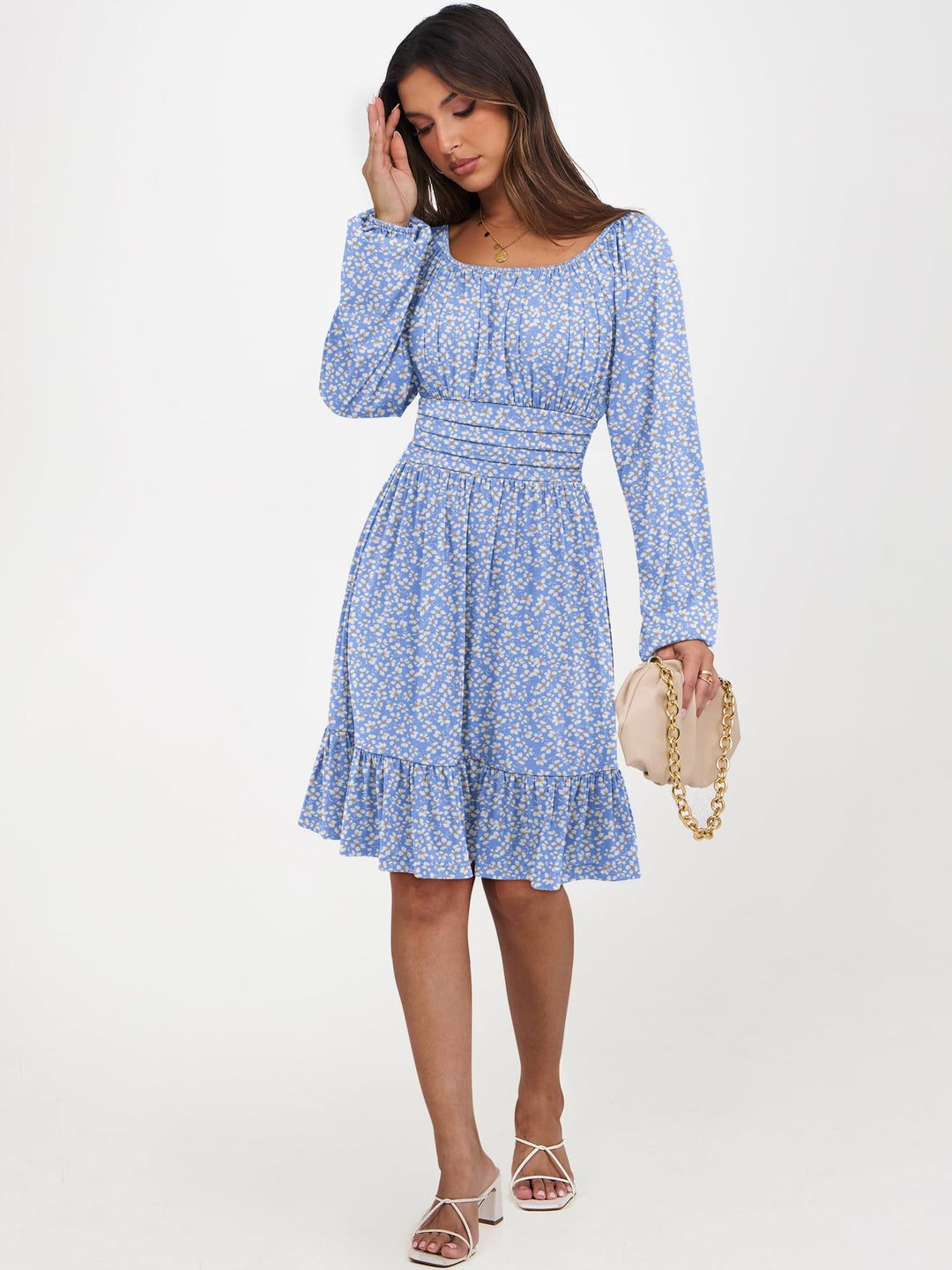 ANRABESS Womens Dress Long Lantern Sleeve Square Neck Elastic Waist Ruffle Flowy Swing A-Line Short Dresses 2026 Fall Fashion
